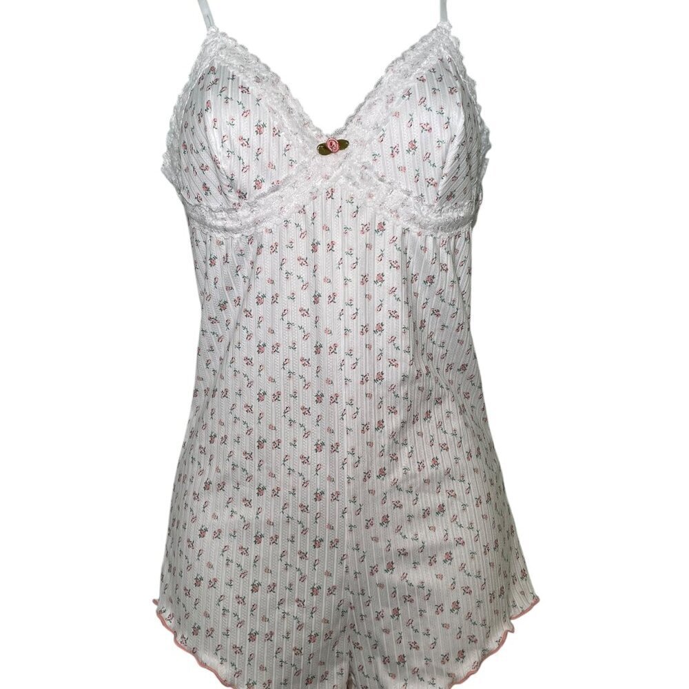 Lace Trim Floral Ribbed Knit Romper Bodysuit V Neck Adjustable Straps Size - Picture 4 of 5